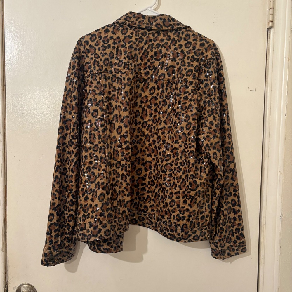 Leopard Animal Print Glossy Sequin Womens Jacket Brown Black 2X Glam Retro Punk - Picture 3 of 5